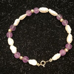 Vtg 14 Kt 7” Gold Freshwater Pearl & Amethyst Bracelet w Gold Bead Spacers